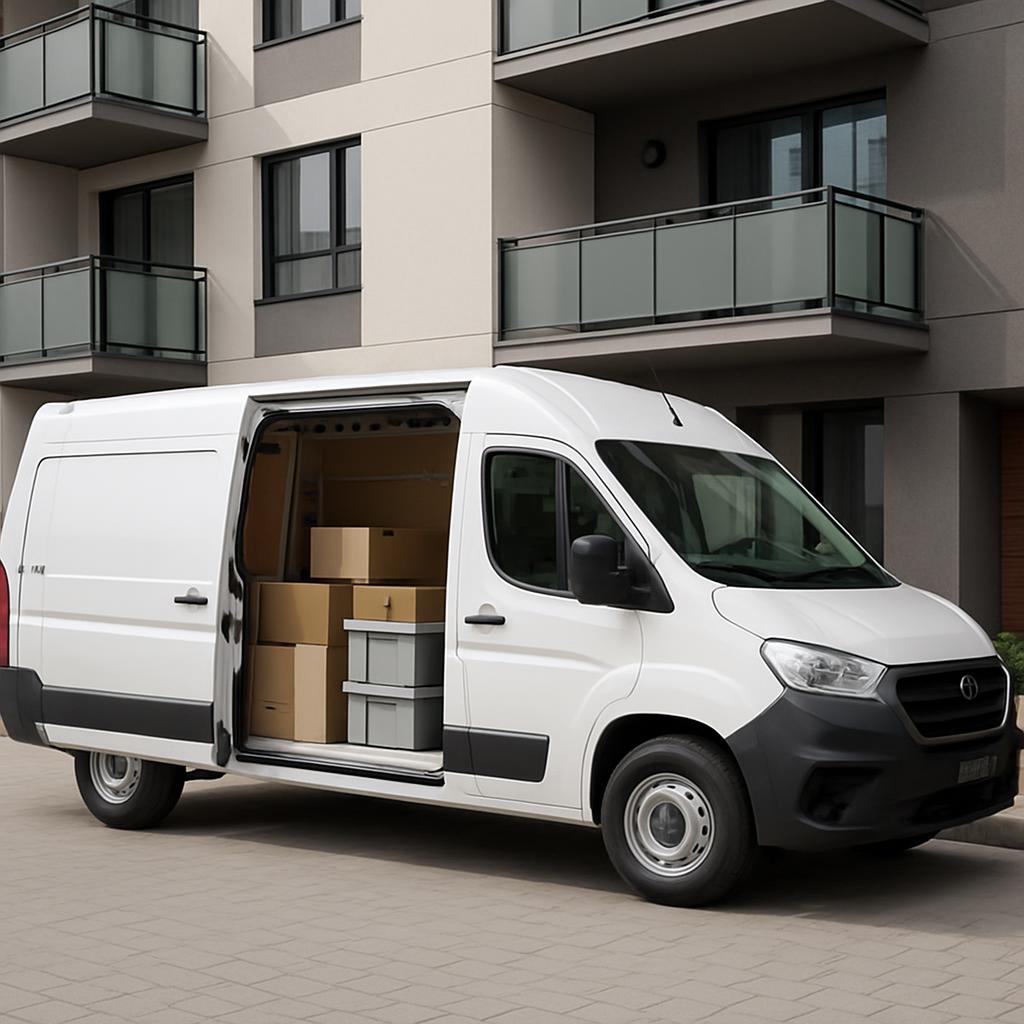 "Ein weißer Van steht vor einem Gebäude."