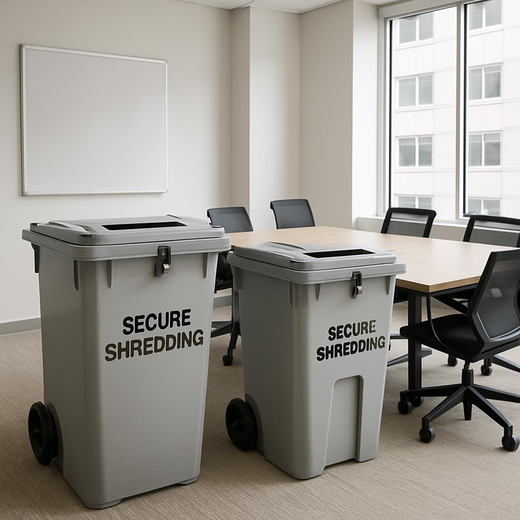 Two secure shredding bins are in an office conference room.